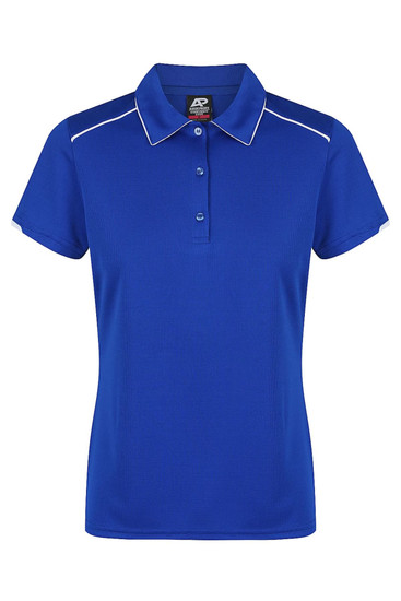 A blue polo shirt with a collar, featuring white piping and buttons, and a logo on the label.