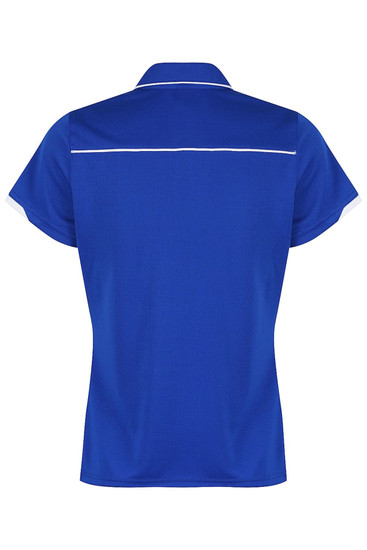 A blue polo shirt featuring a white trim and a branded logo on the back.