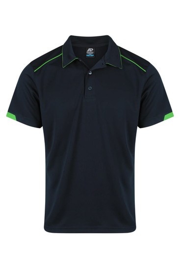 A navy polo shirt with green accents and a logo on the chest. Short sleeves and a classic collar design.