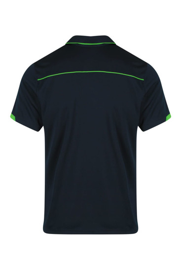 A navy polo shirt featuring green accents, with a simple design and a branded logo.