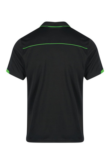 A black polo shirt with green accents and a logo on the back, featuring a classic collar and short sleeves.