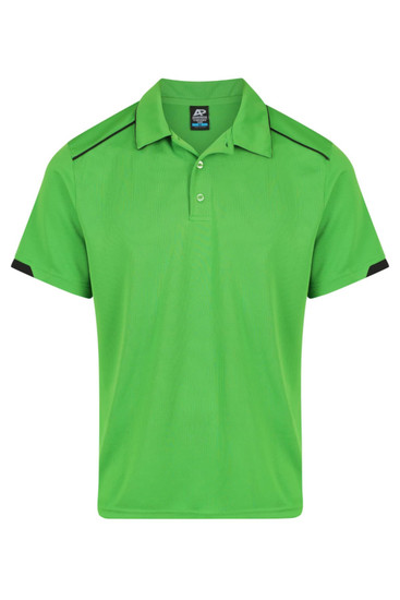 A bright green polo shirt featuring black accents and a logo on the chest area.