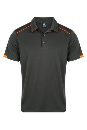 A dark grey polo shirt with orange accents and a logo on the chest. Features a classic collar and short sleeves.