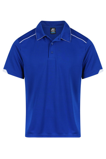 A blue polo shirt with white accents and a branded label on the collar.