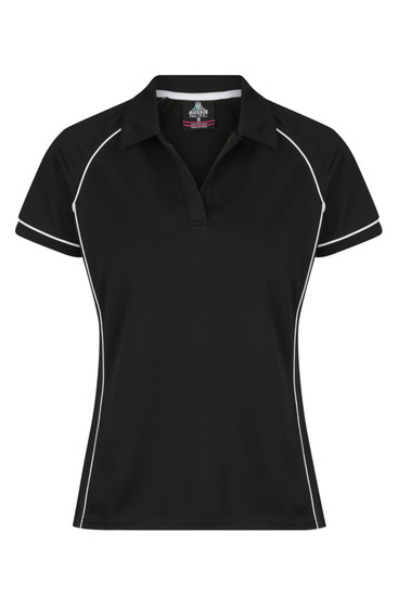 A black polo shirt featuring white piping, designed specifically for women, with a subtle logo on the chest.
