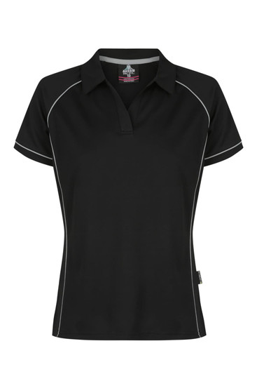 A black polo shirt featuring contrasting piping and a logo. Designed for women's wear with a classic fit.