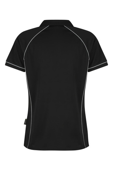A black polo shirt featuring contrast piping along the seams and a logo on the lower side.