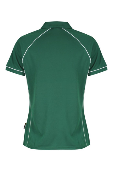 A green polo shirt featuring white piping, designed for women. It has a collar and short sleeves.