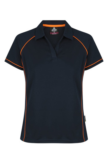 A navy polo shirt with contrasting orange piping and a collar. It features a logo on the chest area.