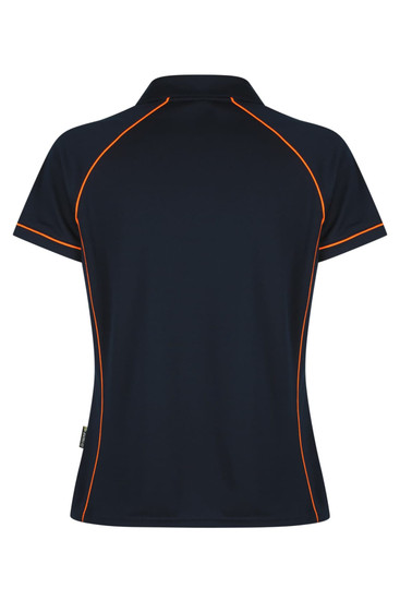 A navy polo shirt with orange piping, featuring a branding logo.
