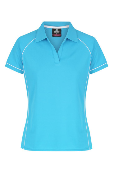 A turquoise polo shirt with white piping, featuring a collar and short sleeves, designed for women's wear.