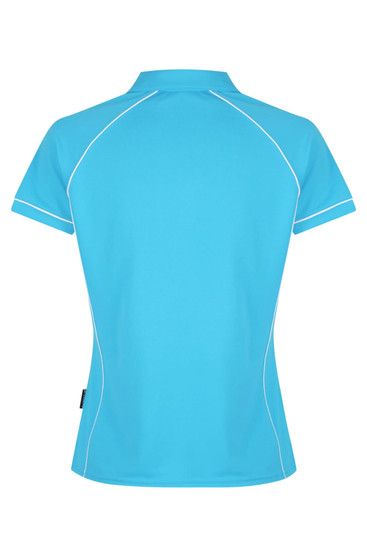 A blue polo shirt with contrast piping and a logo, featuring a stylish, fitted back design.