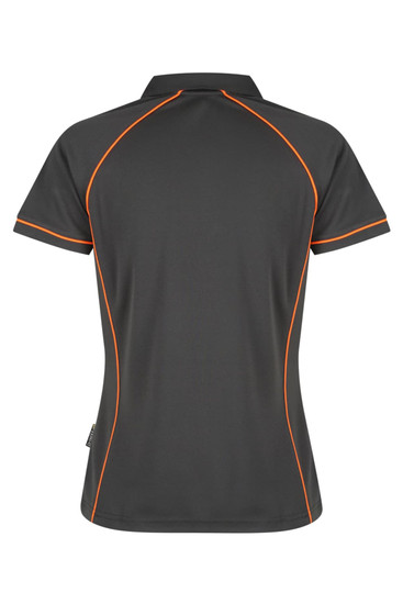 A dark grey polo shirt featuring orange accent stitching and a logo. Designed with a classic collar and short sleeves.