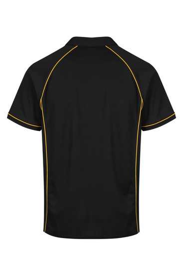 A black polo shirt with yellow accents and a logo, featuring a classic collar and short sleeves.