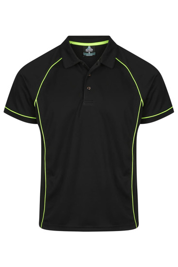 A black polo shirt with lime green piping and a logo on the chest area.