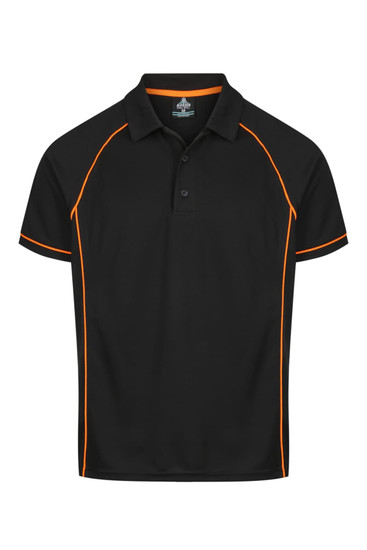 A black polo shirt featuring orange detailing and a collar. It includes a branding logo.