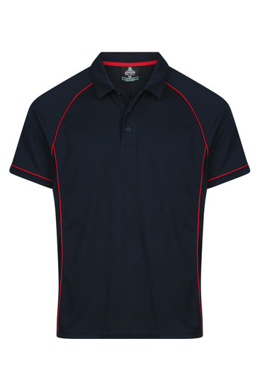 A navy polo shirt featuring red piping and a collar, designed for men. It includes a logo on the chest.