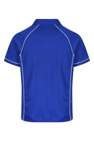A blue polo shirt featuring contrasting white stitching and a logo on the chest. Back view displayed.