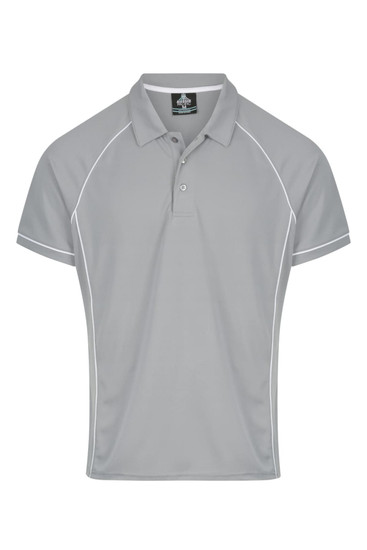 A grey polo shirt with white piping and a collar, featuring a logo on the chest area.