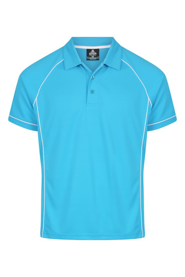 A short-sleeved men's polo shirt in bright blue with contrasting white piping and a collar. It features a logo.