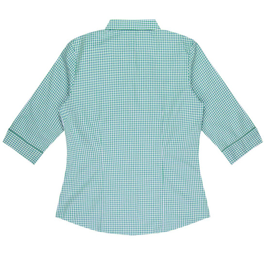 A green and white checked button-up shirt with 3/4 sleeves and a collar. Features a logo on the fabric.