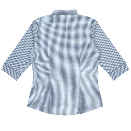 A blue and white checkered button-up shirt with 3/4 sleeves and a back view, featuring a collar and a logo.