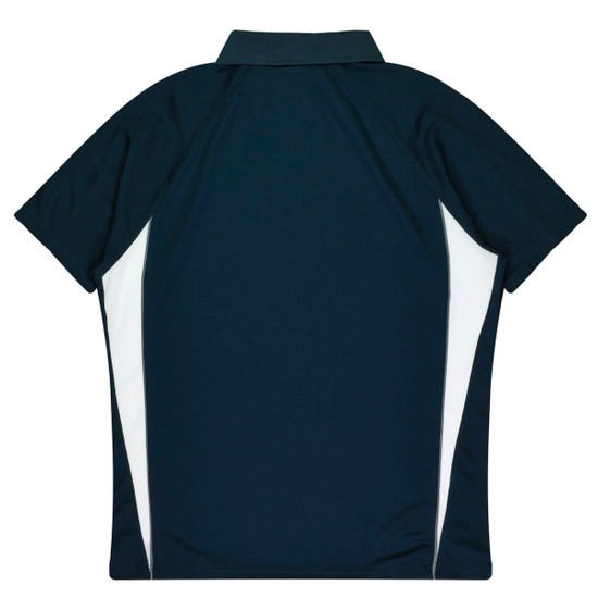A navy blue polo shirt with white side panels, featuring a collar and short sleeves, designed for kids.
