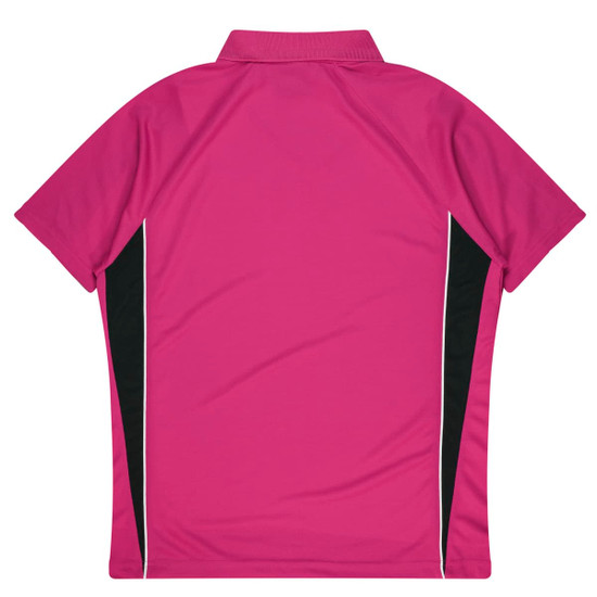 A pink polo shirt with black side panels and a collar, featuring a logo on the back.