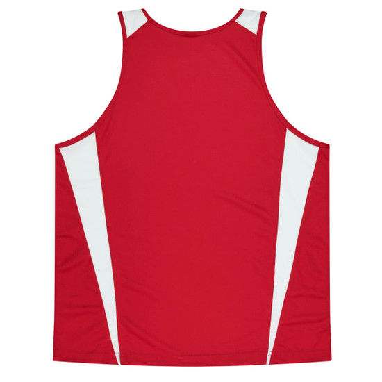 A red singlet featuring white side panels and a logo on the back.