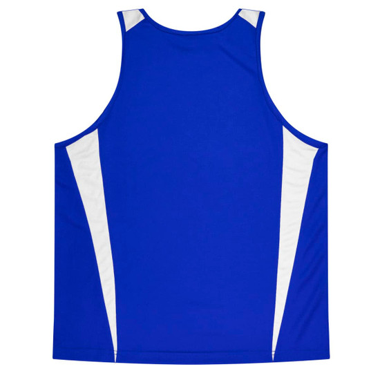 A blue singlet with white accents, featuring a logo on the back. Suitable for casual wear or active use.