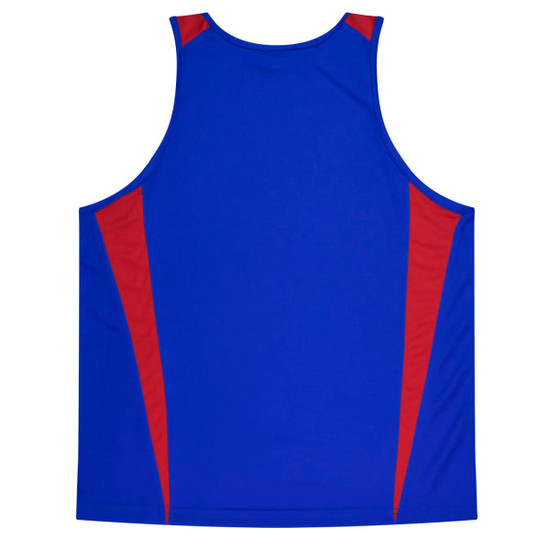 A blue singlet with red side panels and a slightly streamlined design, featuring a logo.