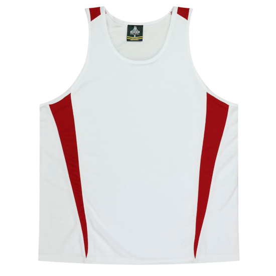 A white singlet with red side panels and a branded label at the neckline.