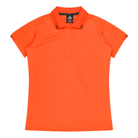 An orange women's polo shirt with a collar and short sleeves, featuring branding.