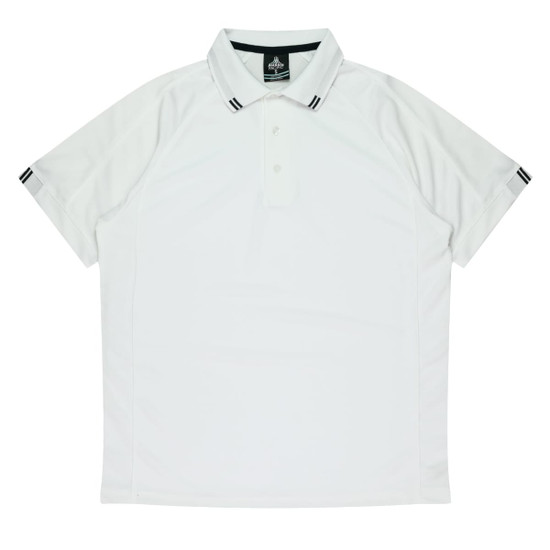 A white polo shirt featuring a classic collar and contrasting black stripes on the sleeves, with a logo on the chest.
