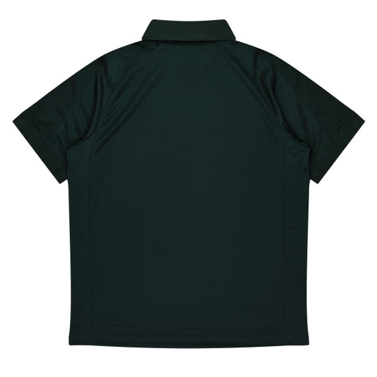 A dark green polo shirt with a collar and short sleeves, displaying a plain back. It features a logo.