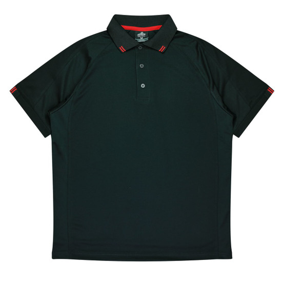 A dark green polo shirt with a button-up collar and red accent details. It features a logo on the breast.