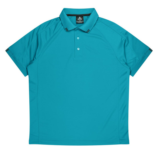 A turquoise polo shirt with a collared neck and a branded logo. Features raglan sleeves for comfort.