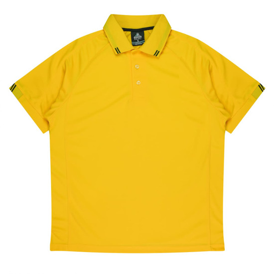 A yellow polo shirt featuring a contrasting collar and striped accents on the sleeves. It has a logo on the chest.