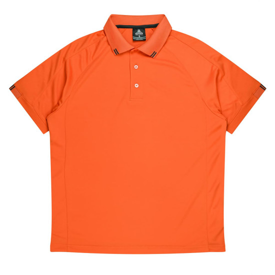 An orange polo shirt with a collared neckline and short sleeves, featuring a logo on the collar.