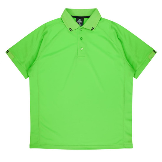 A vibrant green men's polo shirt with a collared neck and short sleeves, featuring a logo.