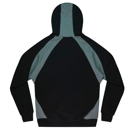 A hoodie in black and grey with a colour-block design and a hood. It features a logo on the front.