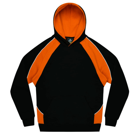 A black and orange kids' hoodie featuring a kangaroo pocket and a hood, with a logo on the front.