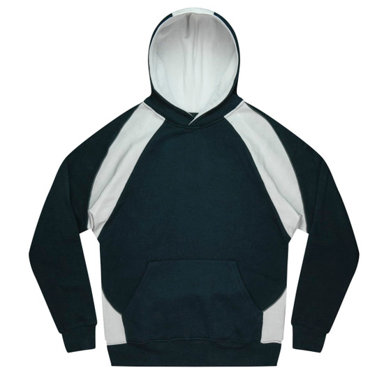 A hoodie featuring a combination of dark green and white colours, with a front pocket and a hood.