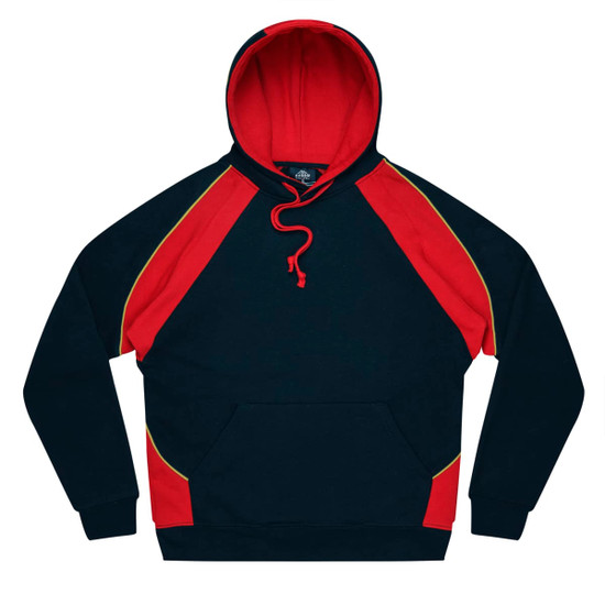 A navy hoodie with red and yellow accents, featuring a front pocket and adjustable drawstring hood.