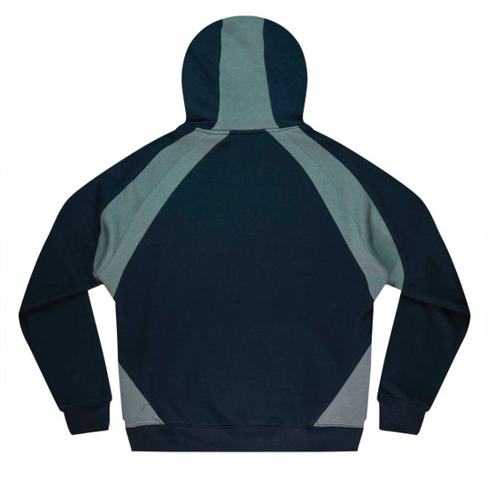 A men's hoodie featuring a combination of dark green and light grey panels, with a hood and ribbed cuffs.