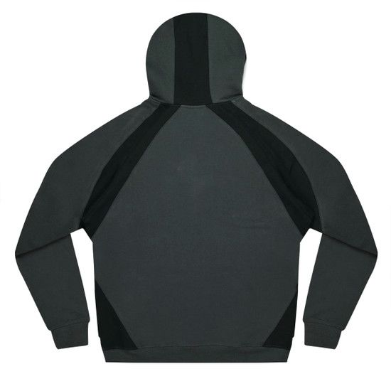A dark green hoodie featuring a design with contrasting black panels and a hood. The back view highlights the fabric details.