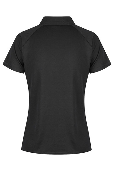 A black polo shirt with a classic collar and short sleeves, featuring a branded logo.