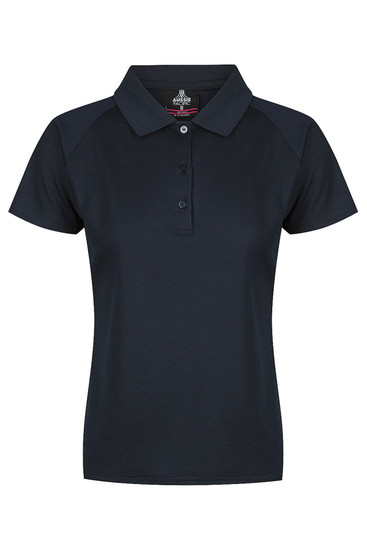 A navy polo shirt with a classic collar and three buttons, featuring a logo on the upper section.