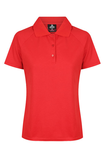 A red polo shirt with a collar and button placket, featuring a brand logo. Ideal for casual wear.