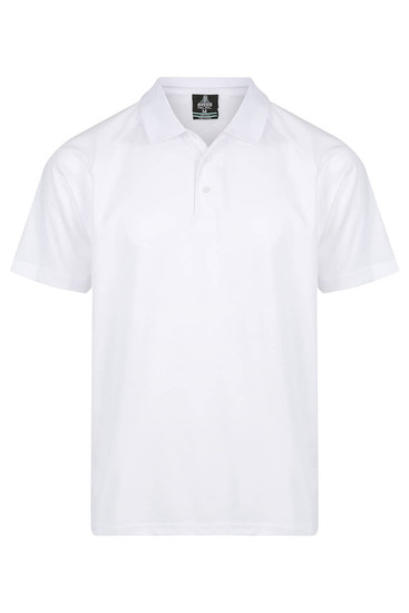 A white men's polo shirt featuring a collar and short sleeves, with a logo on the label.